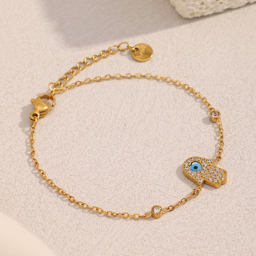 Vintage French-Inspired Geometric Stainless Steel 18K Gold Plated Full Rhinestone Palm Bracelet for Women