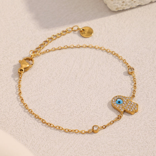 Pulsera de Palma con Diseño Geométrico de Acero Inoxidable, Chapado en Oro de 18K y Pedrería Completa, Estilo Vintage Francés para Mujer