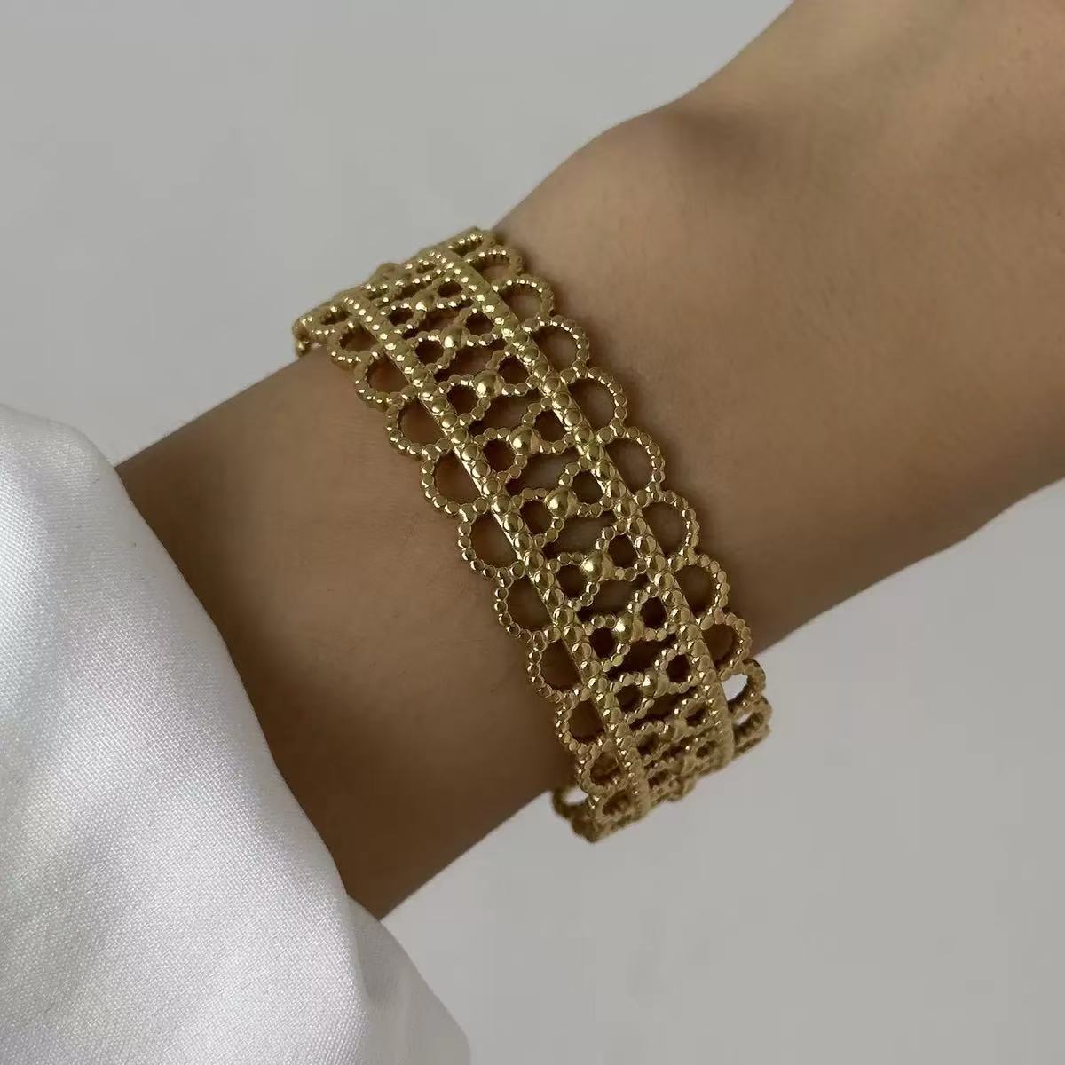 Fashion Geometric Textured Wave Pattern Plated Stainless Steel Wide Open Cuff Bracelet for Women