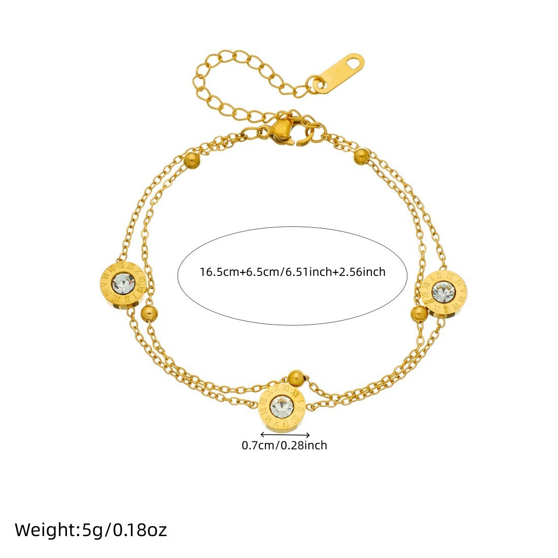 Minimalist Round Geometric Rhinestone Inlay Gold Plated Stainless Steel Double Layer Chain Bracelet with Roman Numerals