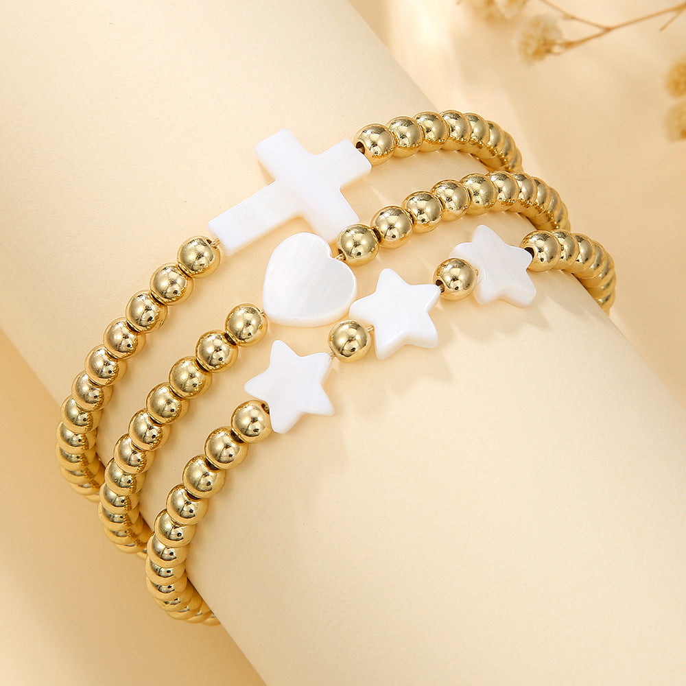 Geometric Shell and Copper Bead Adjustable Braided Friendship Bracelet for Women with Heart Star Cross Motifs