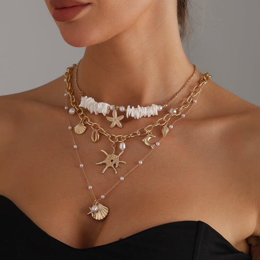 Collar de aleación con colgante de estrella de mar geométrica de moda con acabado chapado para mujer, estilo de vacaciones de verano en la playa