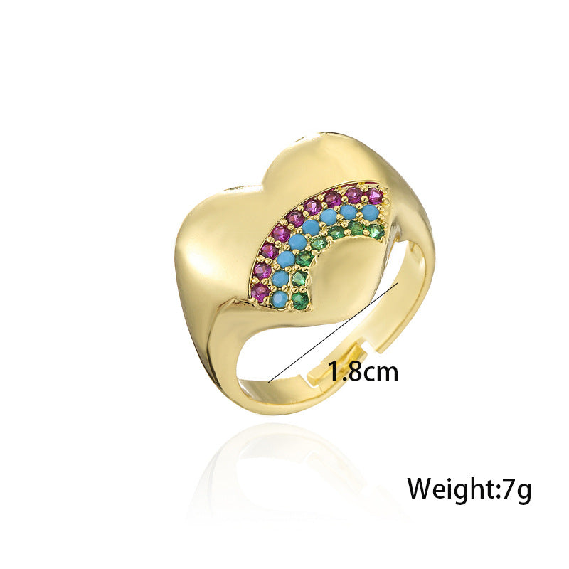 18K Gold Plated Brass Heart Ring with Micro-Inlay Rainbow Cubic Zirconia for Women