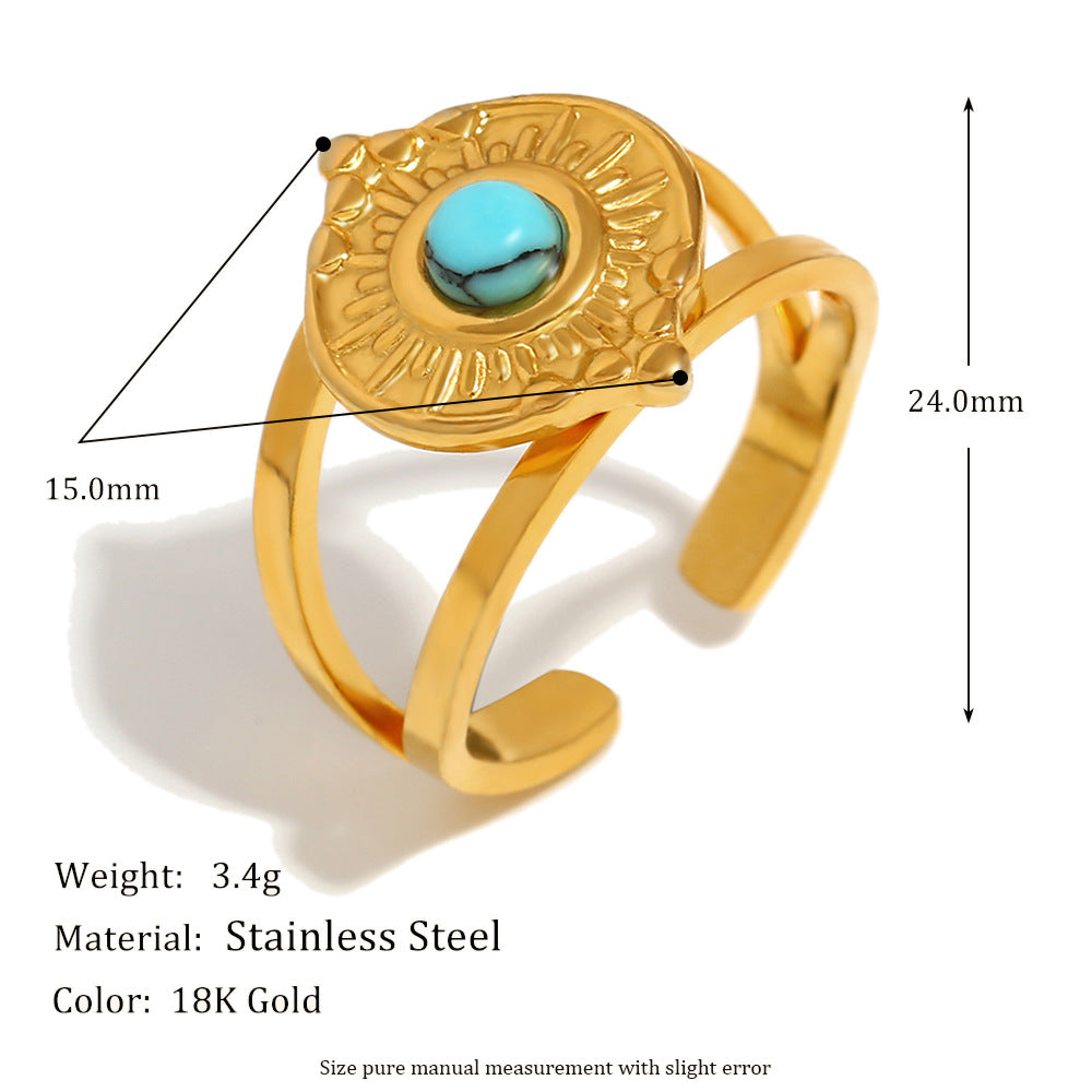 Anello da Donna Aperto a Fascia Stile Retrò Turchese Geometrico in Acciaio Inossidabile Placcato Oro 18K