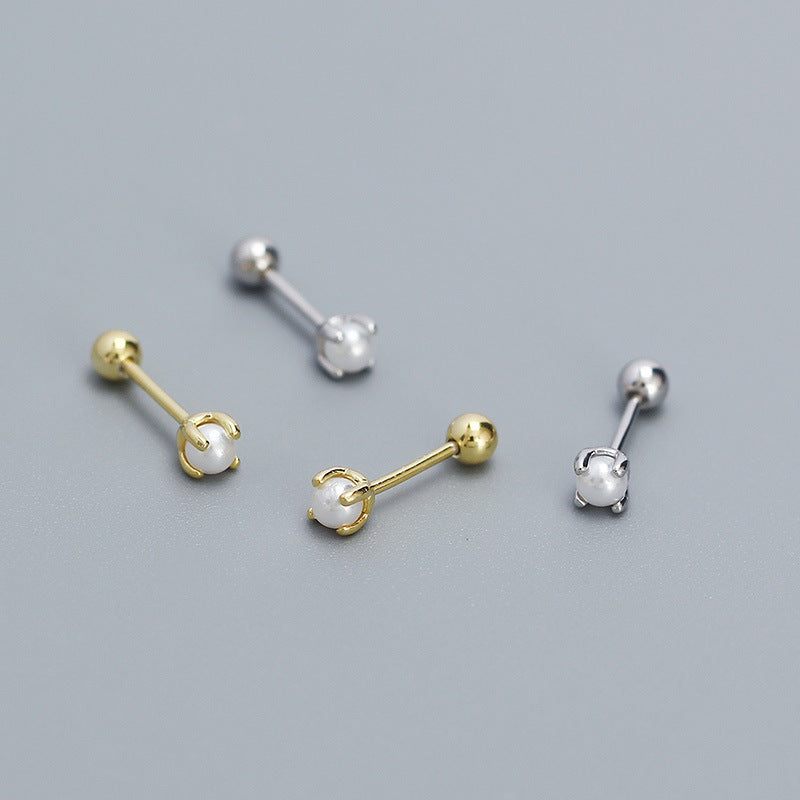 Sweet 925 Sterling Silver Round Geometric Plated Pearl Stud Earrings
