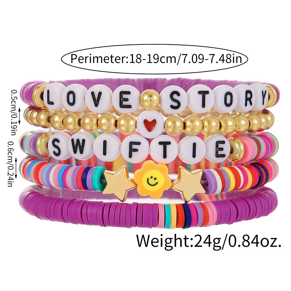 Handmade Letter Resin Brass Acrylic Bracelet Set with Sun and Smiley Charms