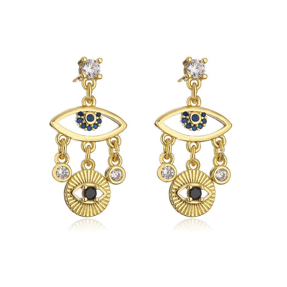 Vintage Geometric Copper Earrings with 18K Gold Plating and Zircon Evil Eye Design for Women