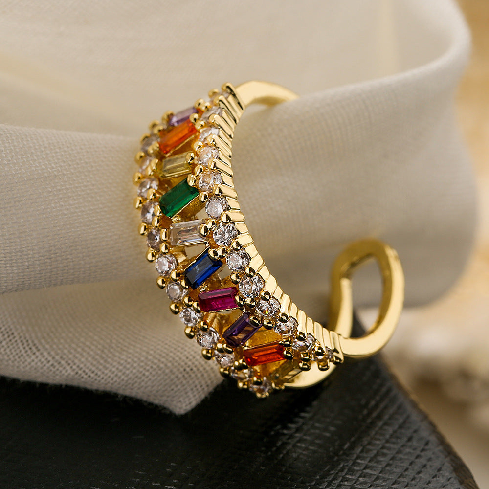 Anello Aperto Geometrico da Donna in Ottone con Placcatura in Oro Vero e Zirconi Micro-Incastonati, Gioielli di Lusso Minimalisti alla Moda