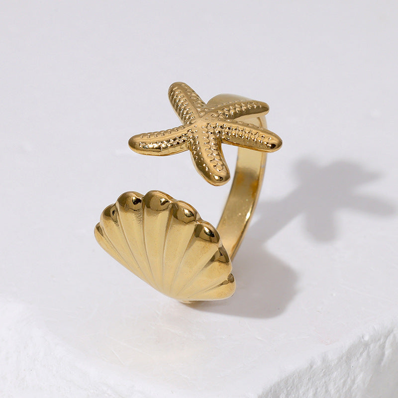 Anello Aperto Regolabile in Acciaio Inossidabile con Stella Marina Minimalista e Conchiglia per Donna Stile Vacanza al Mare