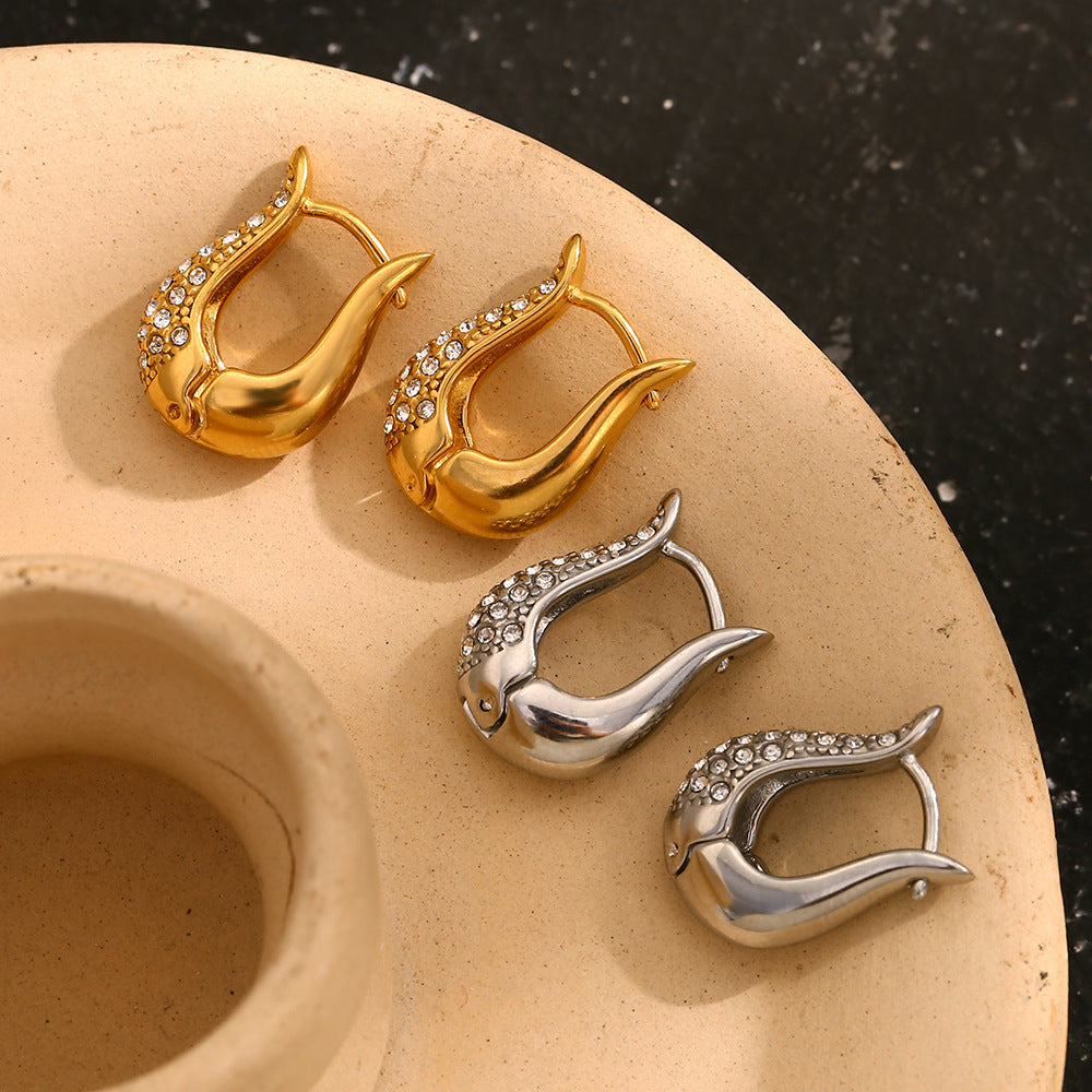 Fashionable Geometric U-Shaped Stainless Steel Earrings with 18K Gold Plating and Full Rhinestone Accents for Women
