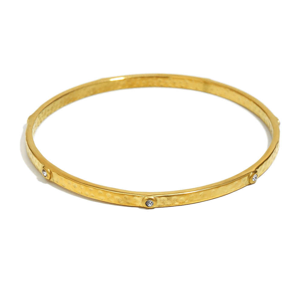 Vintage-Inspired Hammered Texture Stainless Steel Bracelet with 18K Gold Plating and Small Round Rhinestones