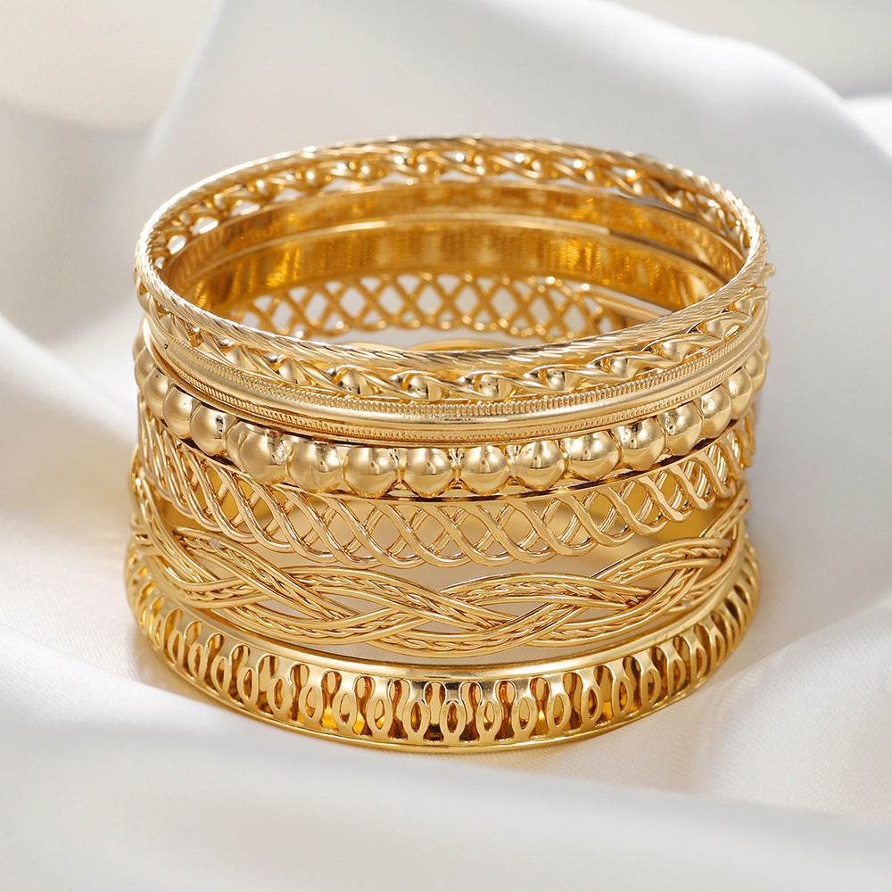 Geometric Round Plated Alloy Multi-Layer Bracelet Set