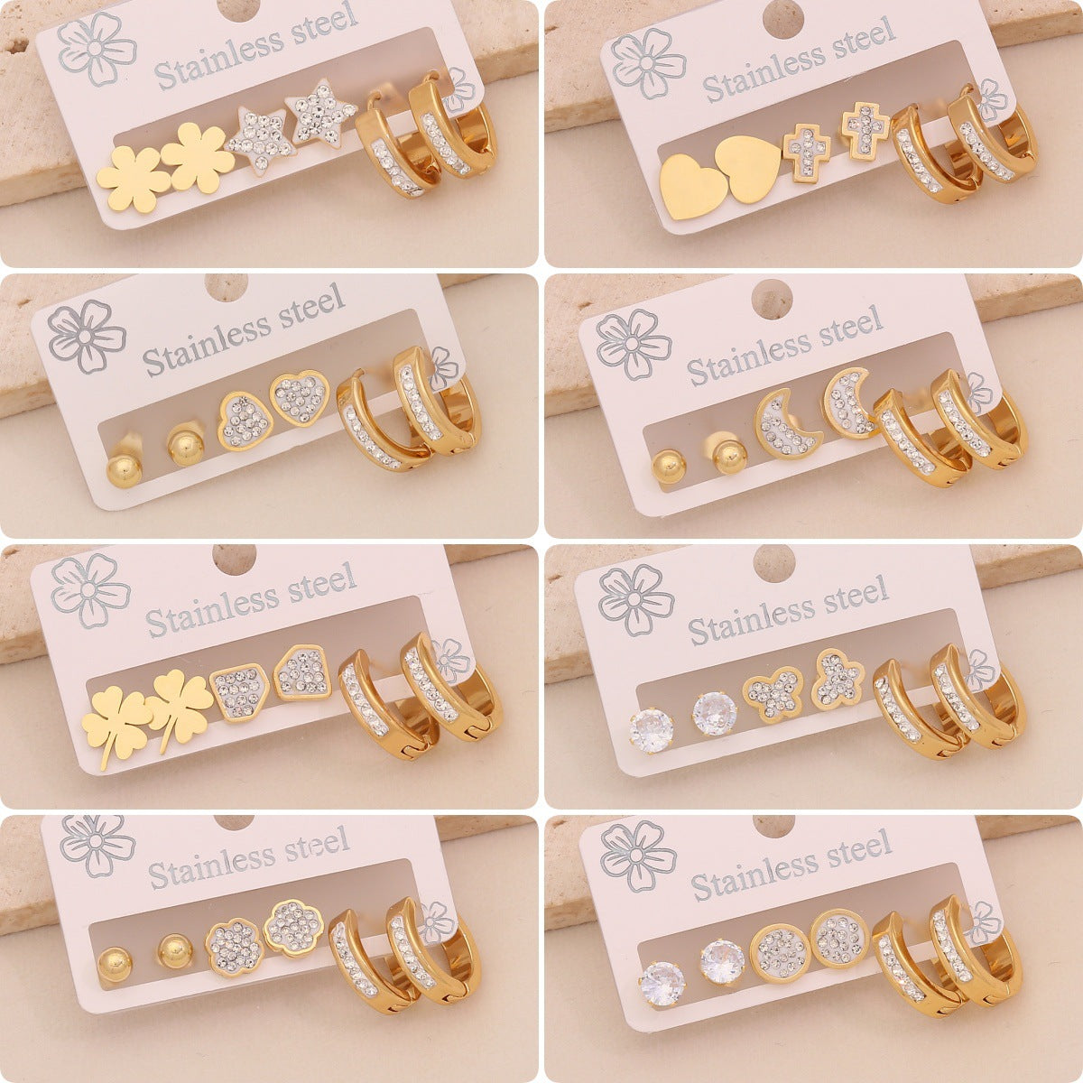 Orecchini a perno da donna a forma di cuore, stella, luna in acciaio inossidabile alla moda con intarsio completo di strass