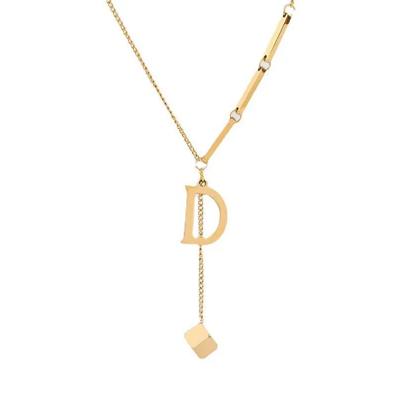 Collar minimalista con colgante de letra D de acero de titanio chapado en oro de 18 quilates y cadena de cuentas redondas geométricas para mujer