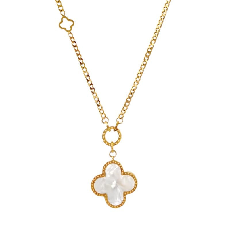Minimalist Four-Leaf Clover Pendant Necklace for Women and Men in Titanium Steel with Electroplated Finish, Adjustable Length Layered Clavicle Chain