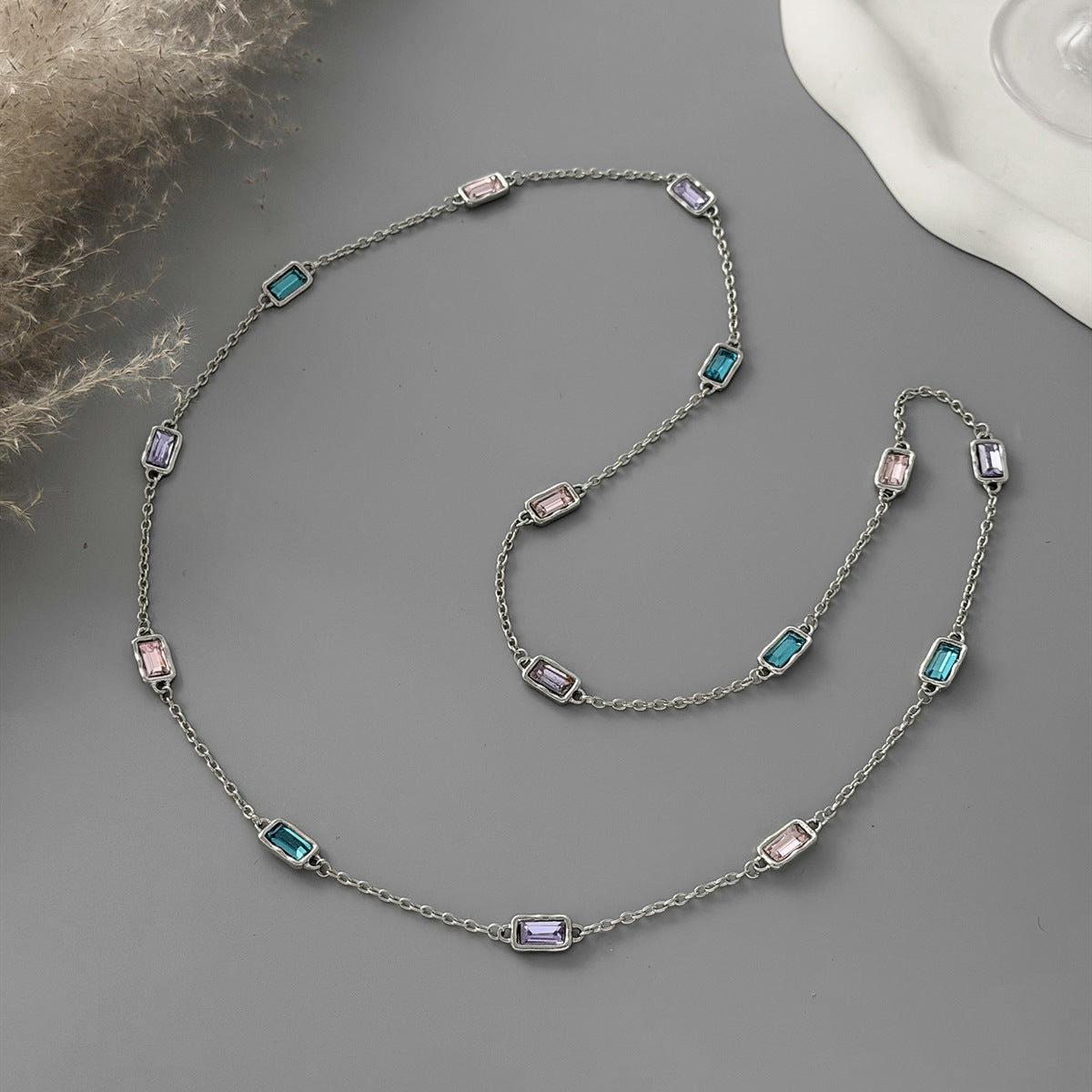 Minimalist Geometric Square Cross Alloy Plated Necklace with Colorful Rhinestones for Women