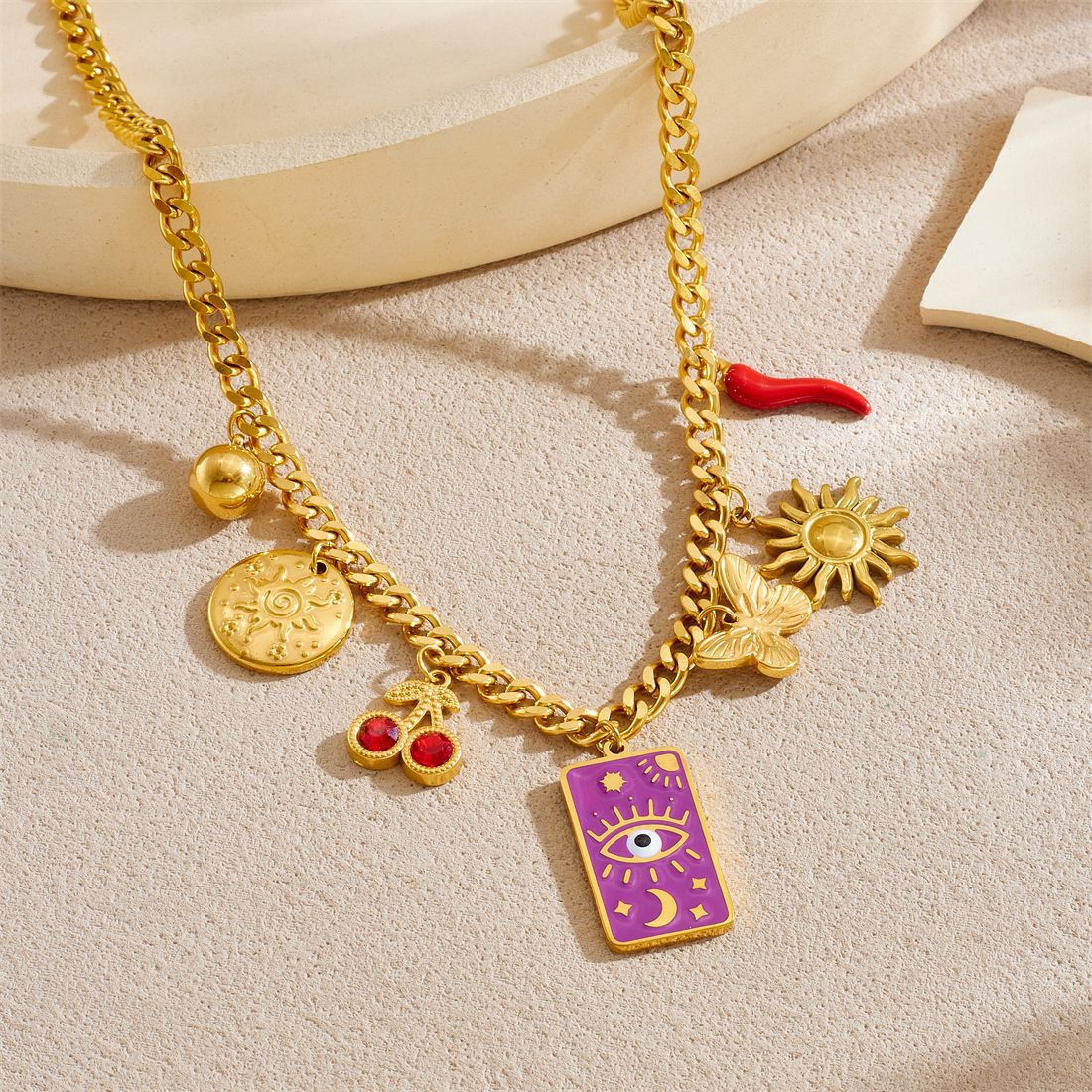 Sweet Streetwear Square Drip Oil Stainless Steel Necklace with Star Moon Butterfly Sun Eye Patterns and Serpentine Chain