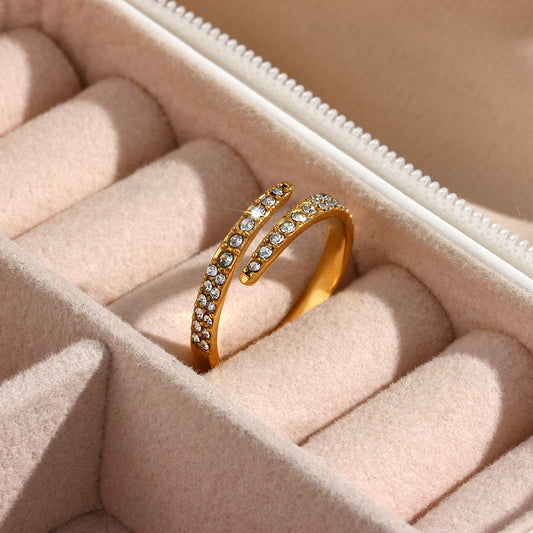 Minimalist Geometric Stainless Steel Ring with 18K Gold Plating and Zircon Inlay for Women