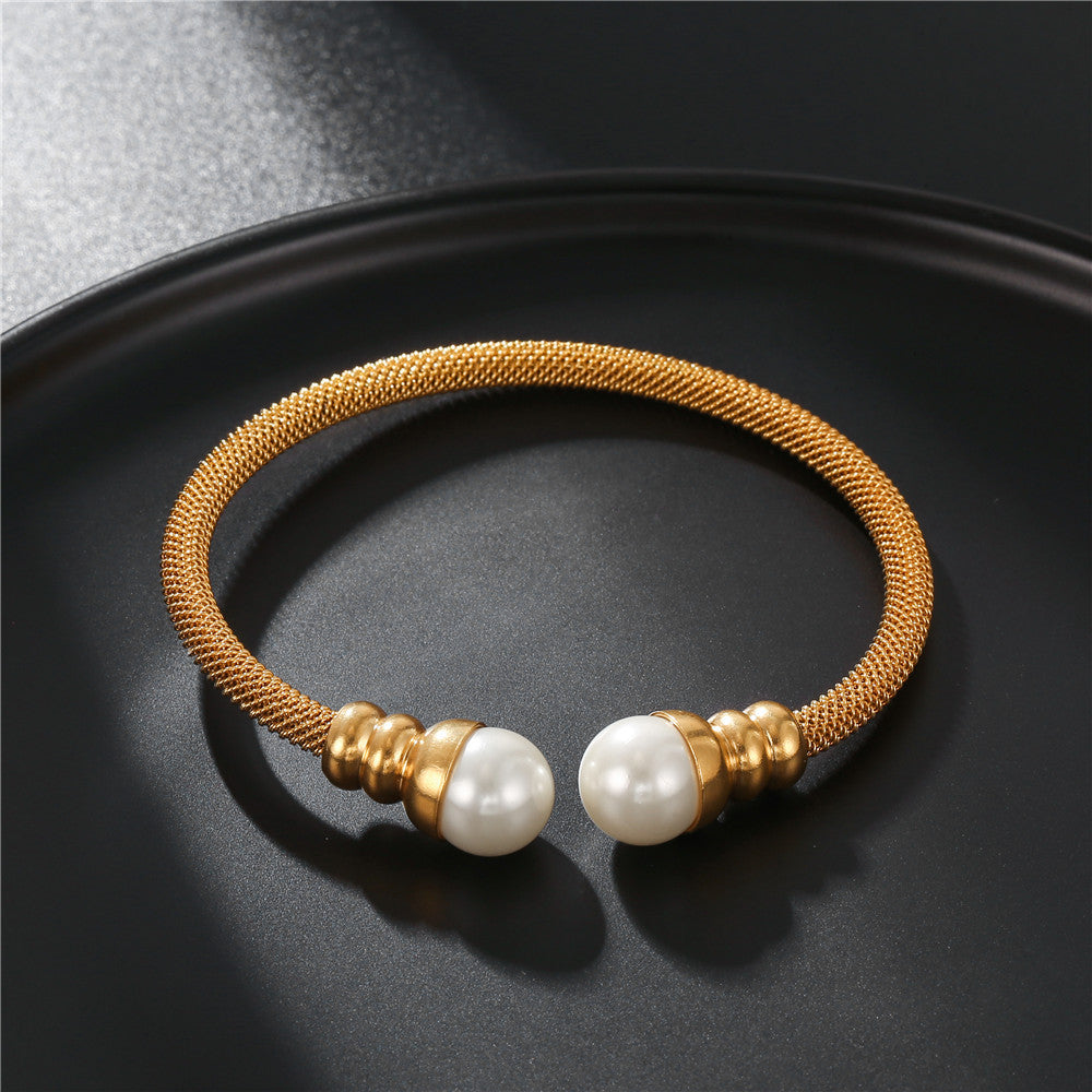 Fashion Round Inlaid Pearl Titanium Steel Bangle Bracelet for Women and Men