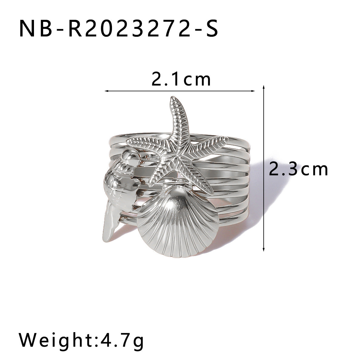 INS Style Geometric Starfish and Seashell Open Ring for Women Stainless Steel with 18K Vacuum Plating