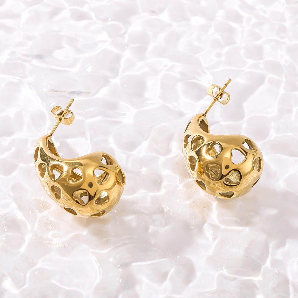 Minimalist Hollow Heart and Teardrop Stainless Steel Stud Earrings with 18K Vacuum Plating for Women