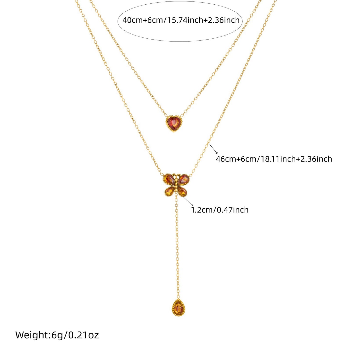 Fashion Streetwear Rhinestone Inlaid Heart Butterfly Teardrop Stainless Steel Pendant Double Layer Necklace