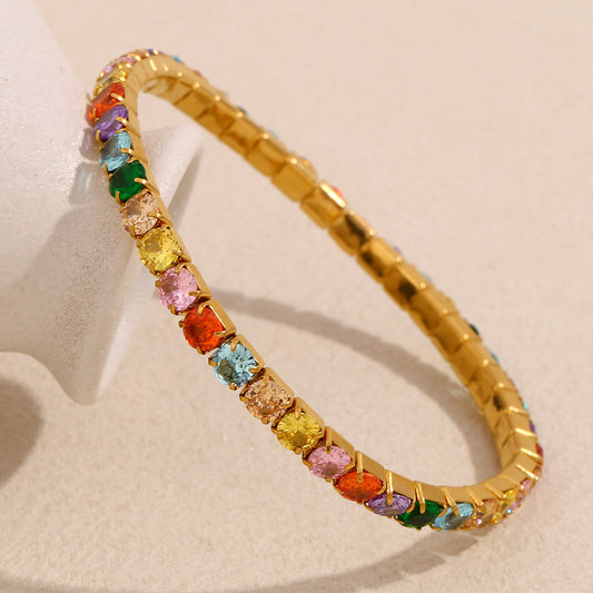 Fashionable Minimalist Geometric Stainless Steel Plated 18K Gold Elastic Bracelet with Colorful Zircon for Women