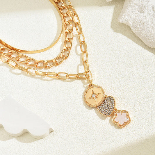 Collar largo de cobre con incrustaciones de diamantes de imitación para mujer, estilo moderno, con diseño de corazón y floral, ideal para el día a día.