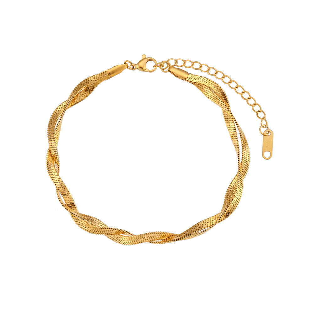 Tobillera minimalista geométrica de acero inoxidable con baño de oro de 18K y cadena de doble hoja