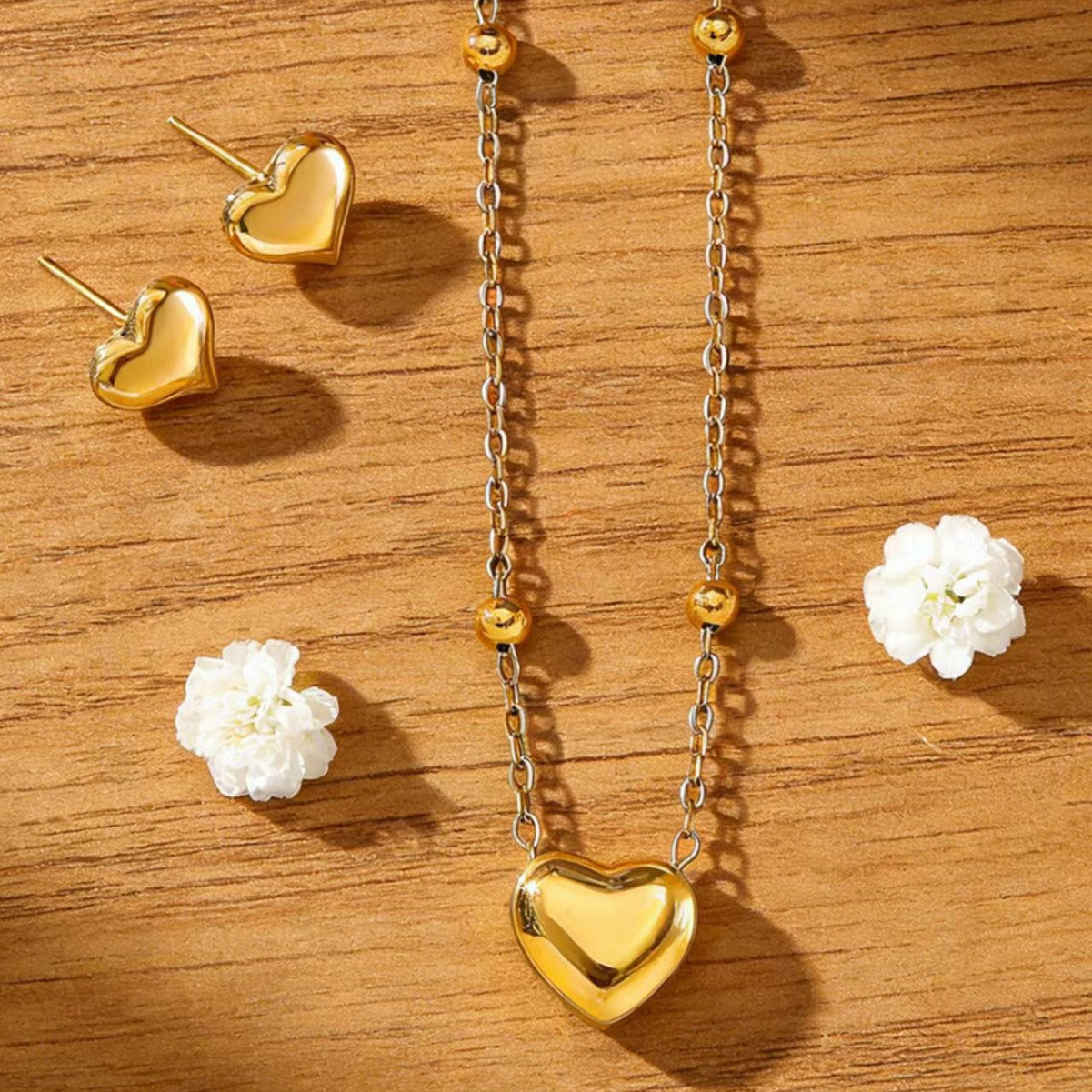 Minimalist Elegant Heart Stainless Steel Gold Plated Necklace and Earring Set for Women