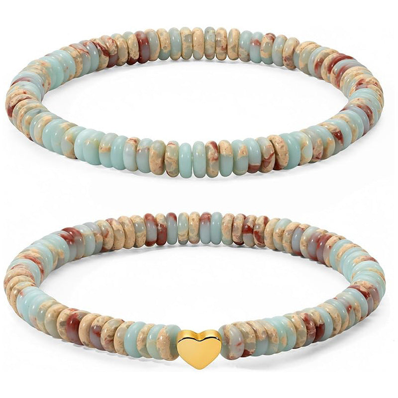 Vintage Natural Stone Agate Turquoise Heart Round Beaded Stretch Bracelet for Women