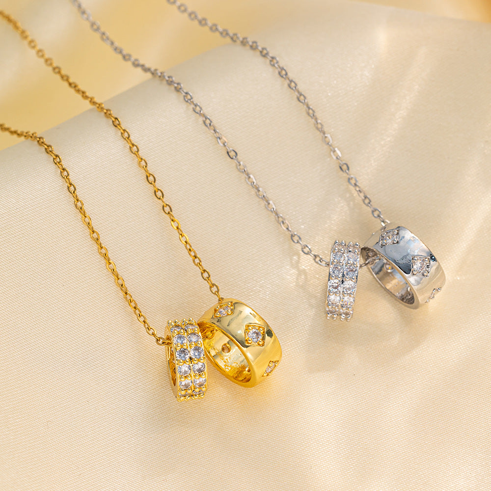 Cartoon Style Double Ring Geometric Titanium Steel Necklace with Gold Plating for Women, Delicate Clavicle Chain