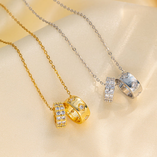 Cartoon Style Double Ring Geometric Titanium Steel Necklace with Gold Plating for Women, Delicate Clavicle Chain