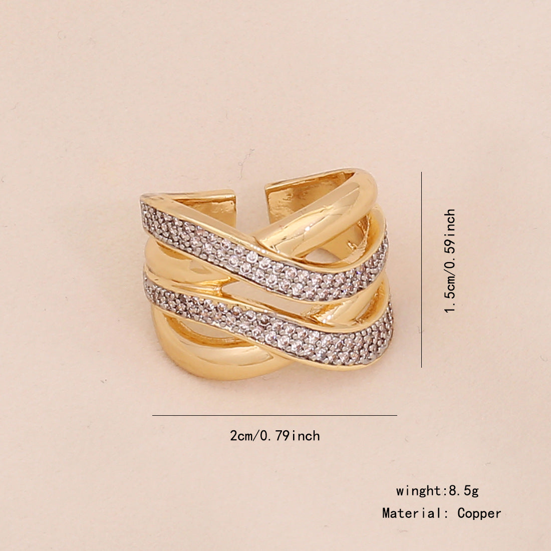Geometric Heart-Shaped Copper Ring with Zircon Inlay for Women