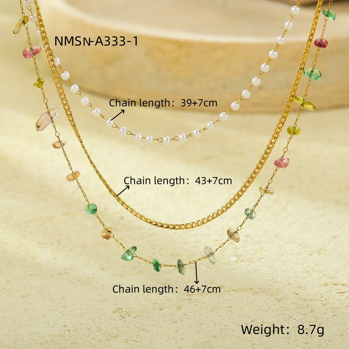 Fashionable Minimalist Multi-Chain Pearl and Colored Rhinestone Pendant Necklace in Stainless Steel with 18K Gold Plating for Women