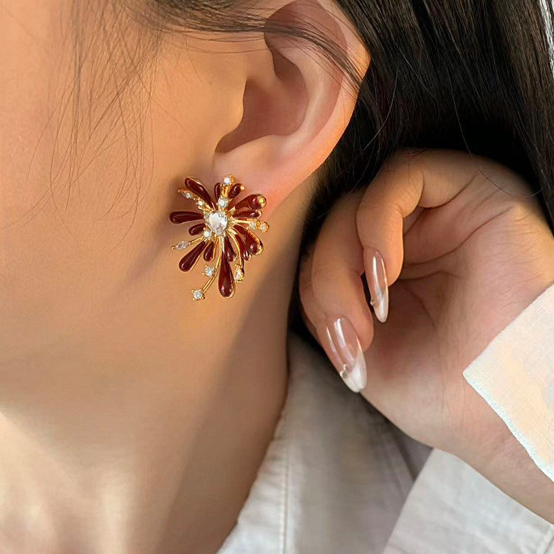 Pendientes de tuerca con forma floral de esmalte y circonita con diseño de fuegos artificiales, estilo "Old Money" vintage para mujer