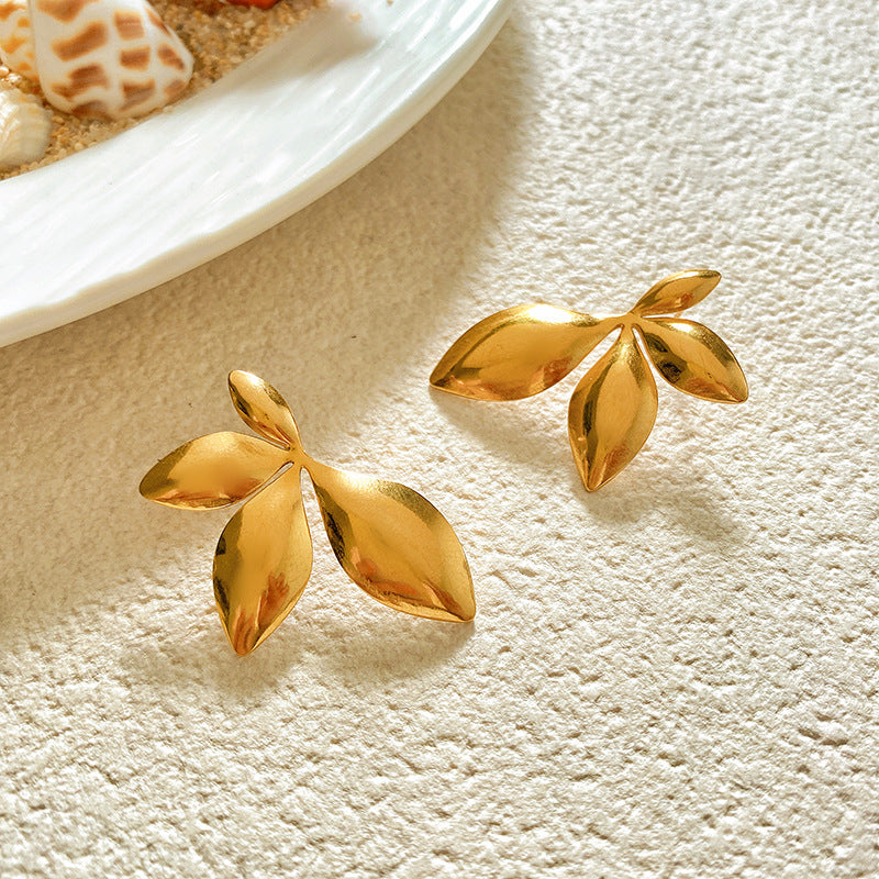 Sweet Sunflower Plant Brass Stud Earrings with Stainless Steel Posts