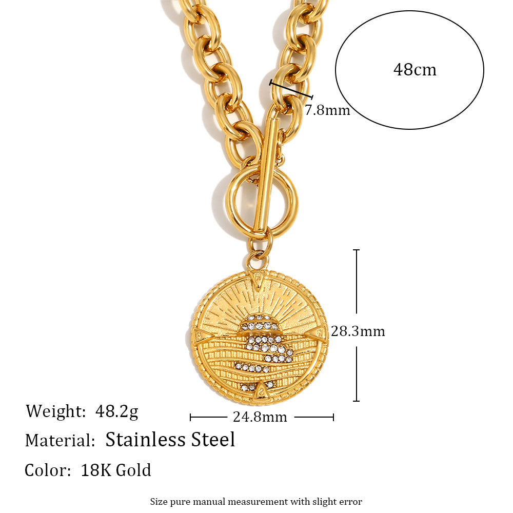 Vintage Fashion Geometric Stainless Steel Plated 18K Gold Round Pendant Necklace for Women with OT Clasp