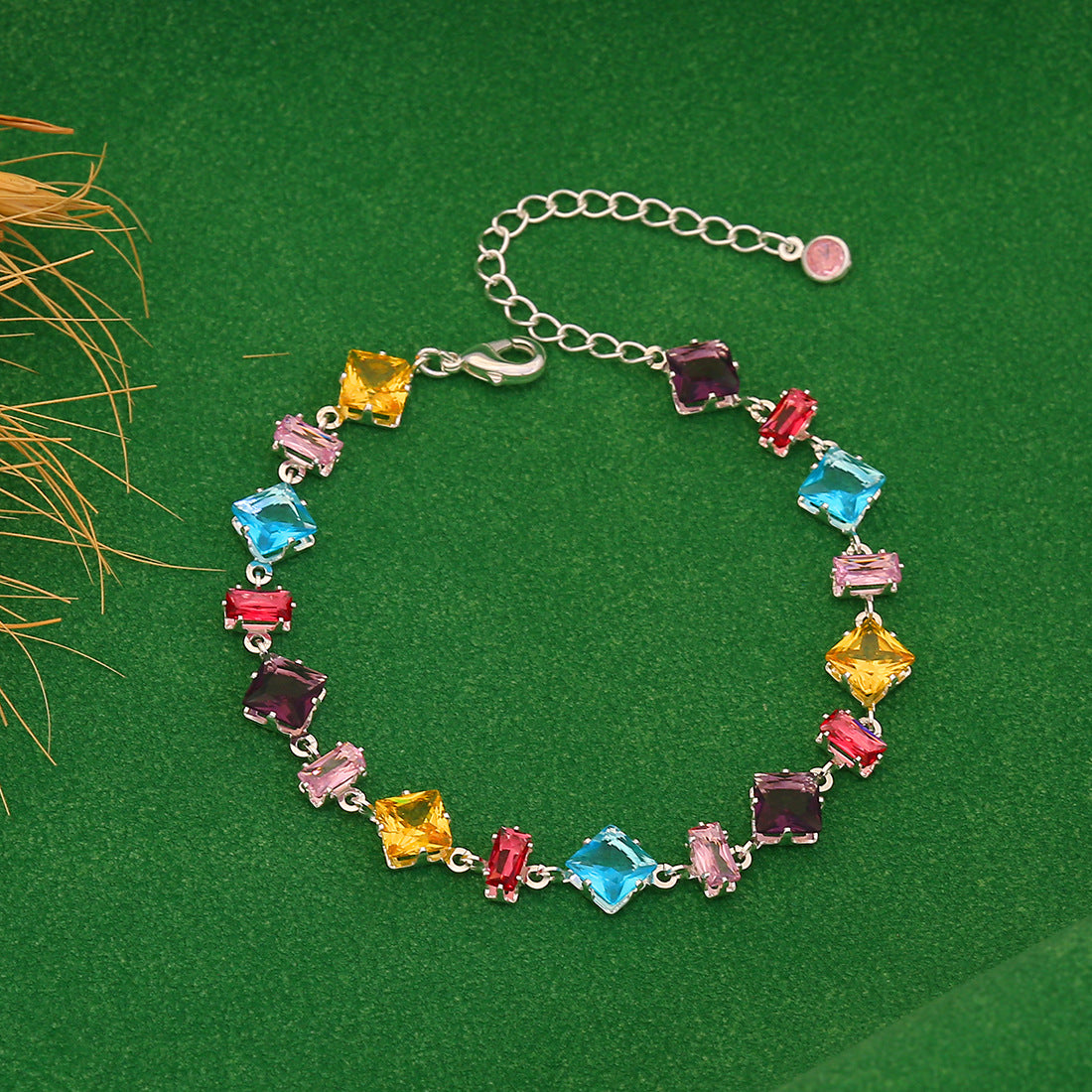Minimalist Geometric Candy-Colored Zircon Crystal Bracelet for Women in Copper with Micro-Pavé Setting