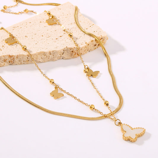 Minimalist Double-Layer Butterfly Necklace with Stainless Steel Chain and White Abalone Pendant