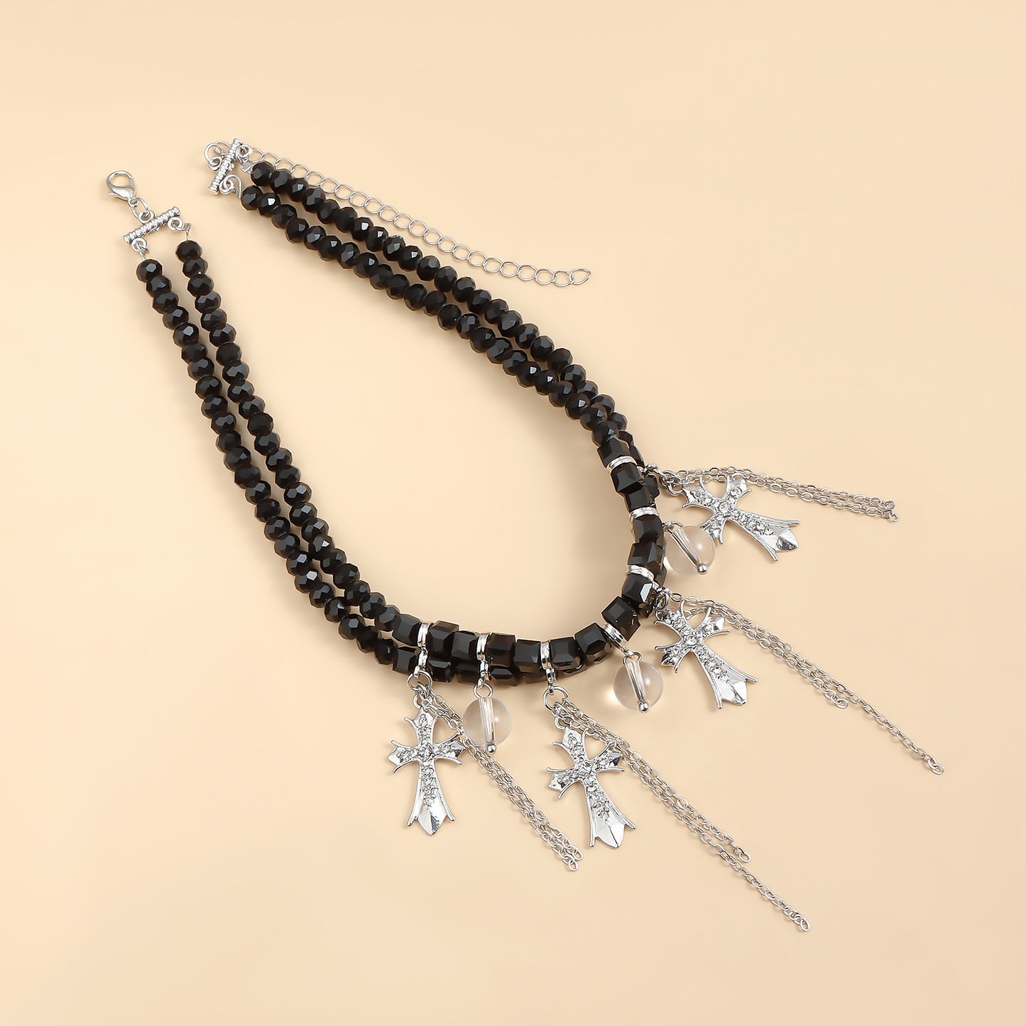 Geometric Cross Pendant Necklace with Rhinestone Inlay Glass Ball and Tassel Detail for Women