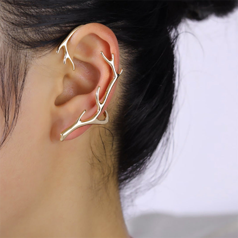 Vintage Geometric Deer Antler Hoop Earrings for Women Alloy Electroplated Fashion Ear Cuffs with Hollow Design