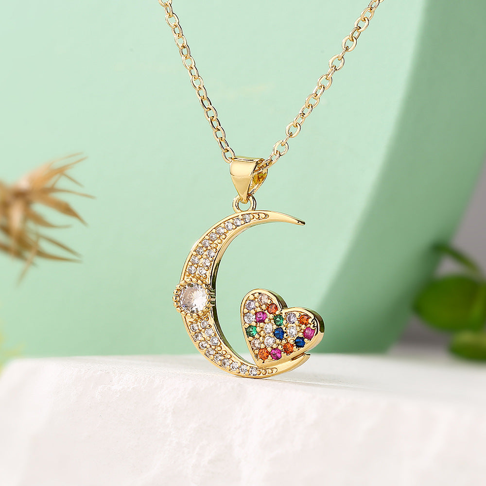 Collana con Ciondolo a Cuore Coniglio Lunare Minimalista da Donna in Rame con Placcatura in Oro 18K e Intarsi in Zirconi