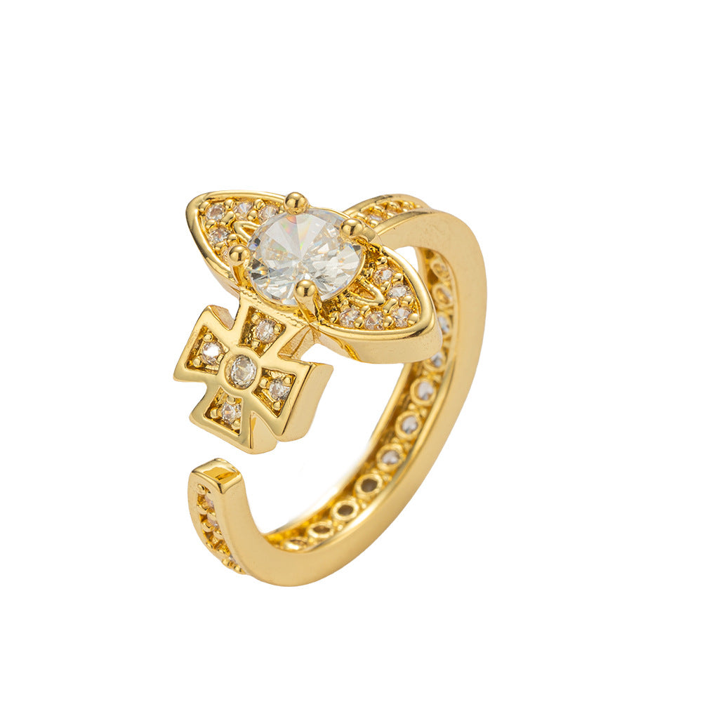 Anello lusso da donna regolabile a forma di Saturno con zirconi incastonati, in rame placcato oro e design geometrico minimalista