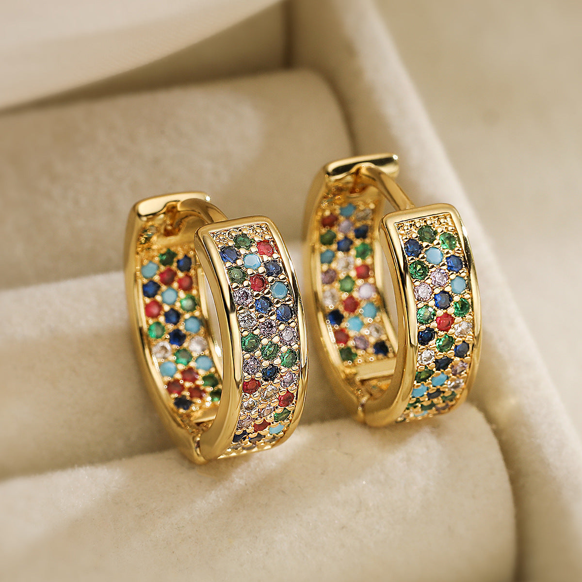 Minimalist Elegant Geometric Gold Plated Brass Hoop Earrings with Cubic Zirconia for Women