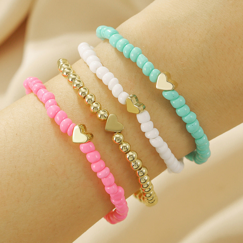 Bohemian Minimalist Sweet Heart Geometric Seed Bead Alloy Bracelet Set Handmade Women Jewelry