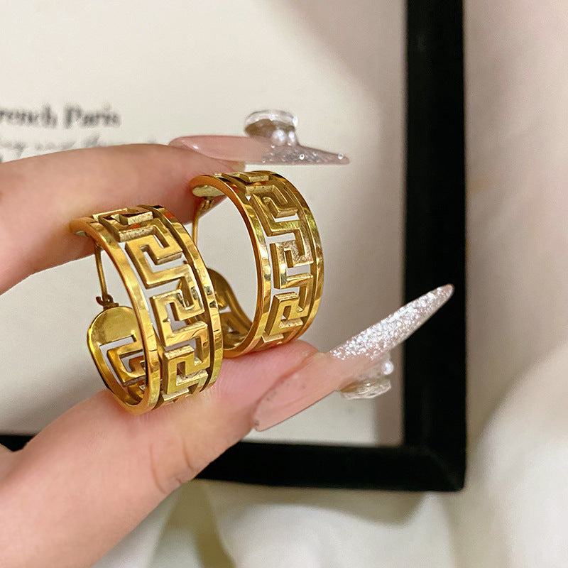 Vintage Geometric Hollow Great Wall Pattern Plated Brass Earrings for Women