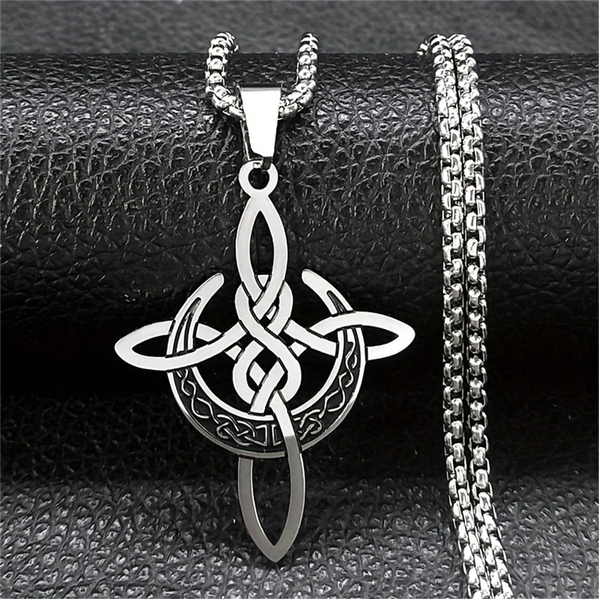 Minimalist Crescent and Knot Pendant Necklace in Stainless Steel with Titanium Steel Charm and Electroplated Finish