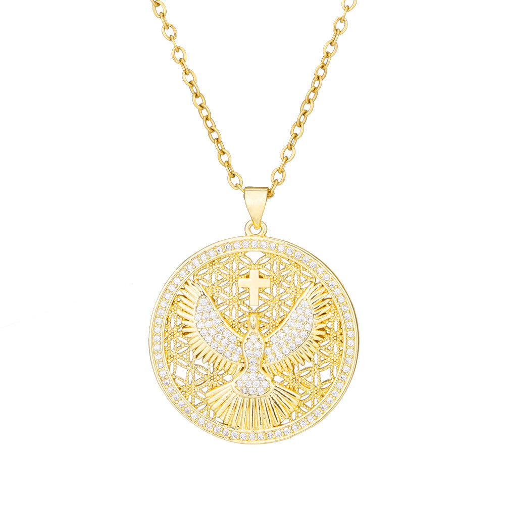 Collana con Ciondolo a Croce Etnica Vintage Aquila Guardiana Placcata Oro 18K Rame con Zirconia Cubica e Catenina a O Unisex