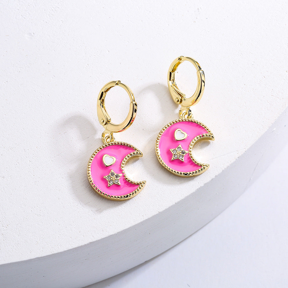 Orecchini minimalisti a forma di stella e luna in rame placcato oro 18K con finitura smaltata da donna